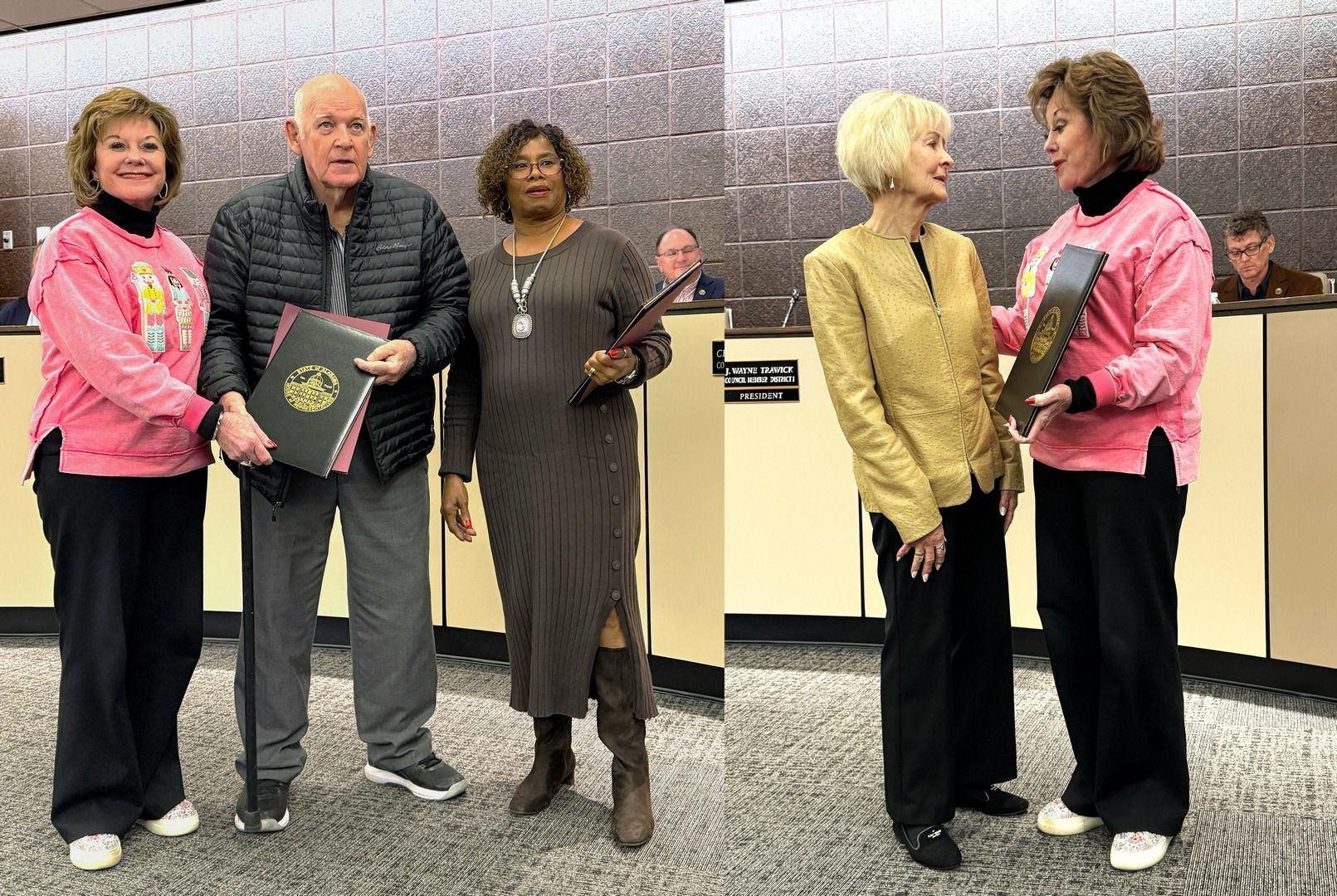 State Rep. Frances Holk-Jones, right, presents a state legislative resolution recognizing Foley City Councilman Richard “Dick” Dayton to Dayton’s wife, Judy. Dayton died in office on Aug. 21.