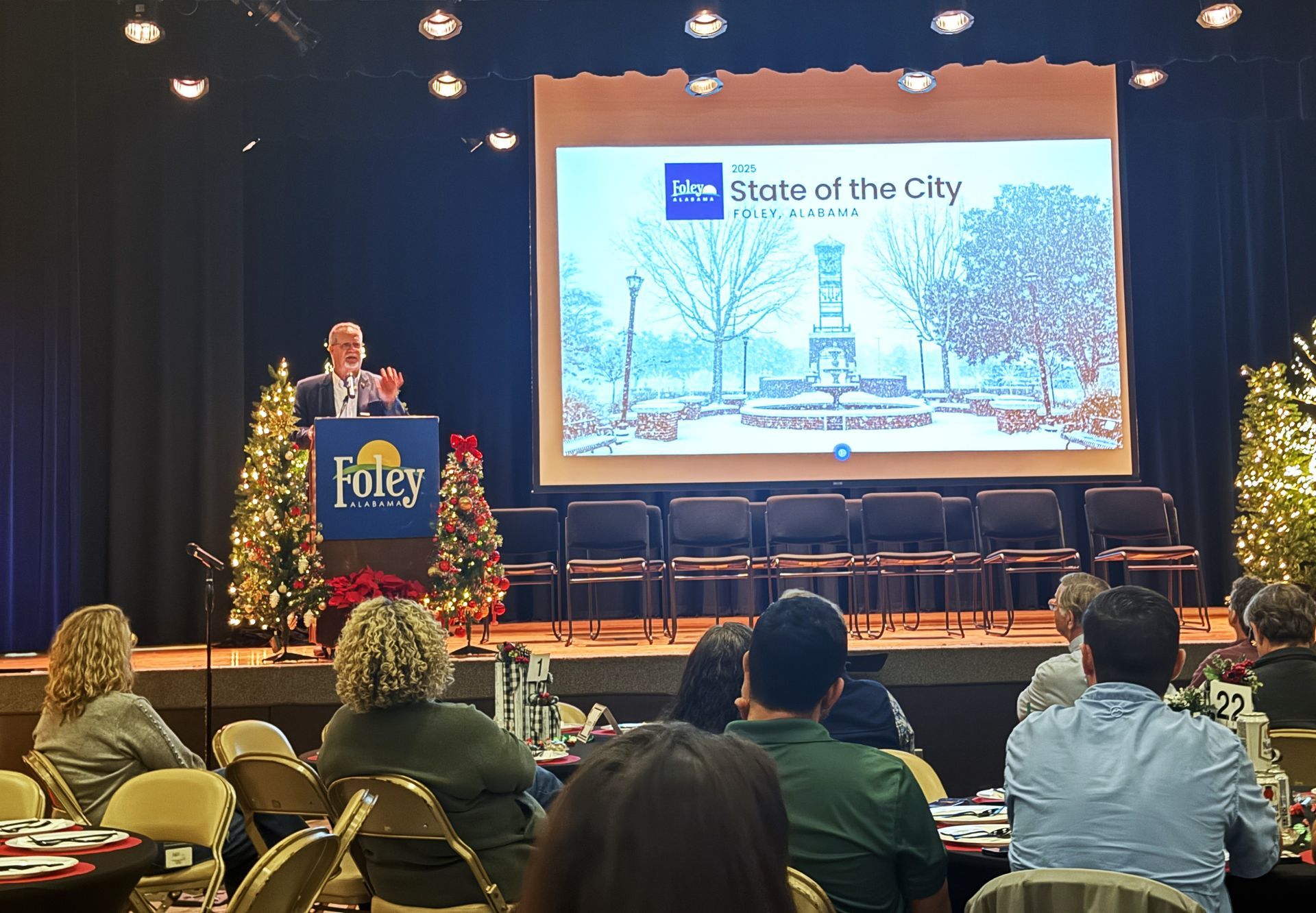 Mayor Ralph Hellmich delivers the State of the City address in the Foley Civic Center.