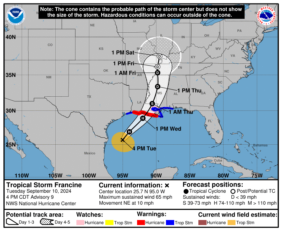 Tropical Storm Francine September 10th update at 4pm.