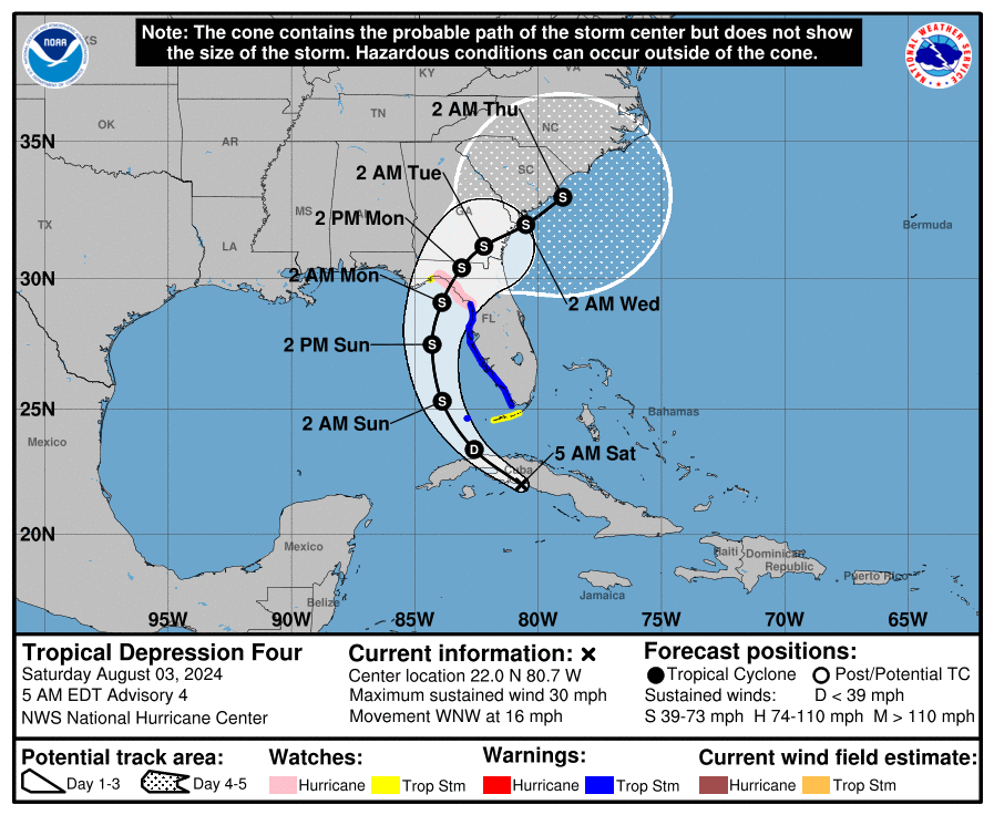 Tropical Depression Four Forecasted Path