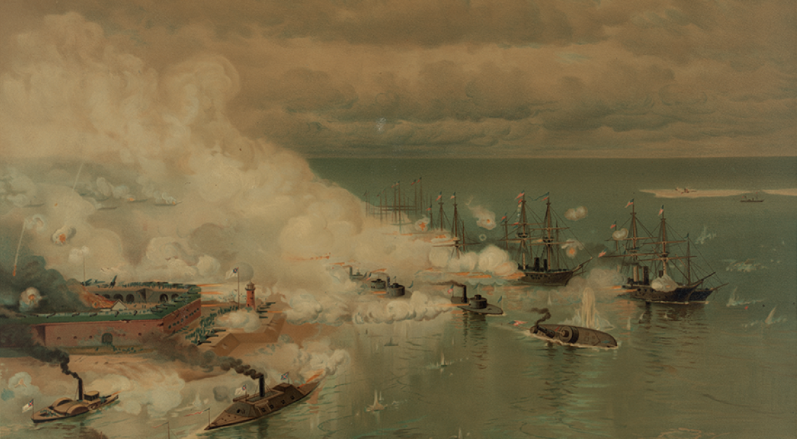 USS Tecumseh strikes a torpedo and sinks near Fort Morgan - Library of Congress