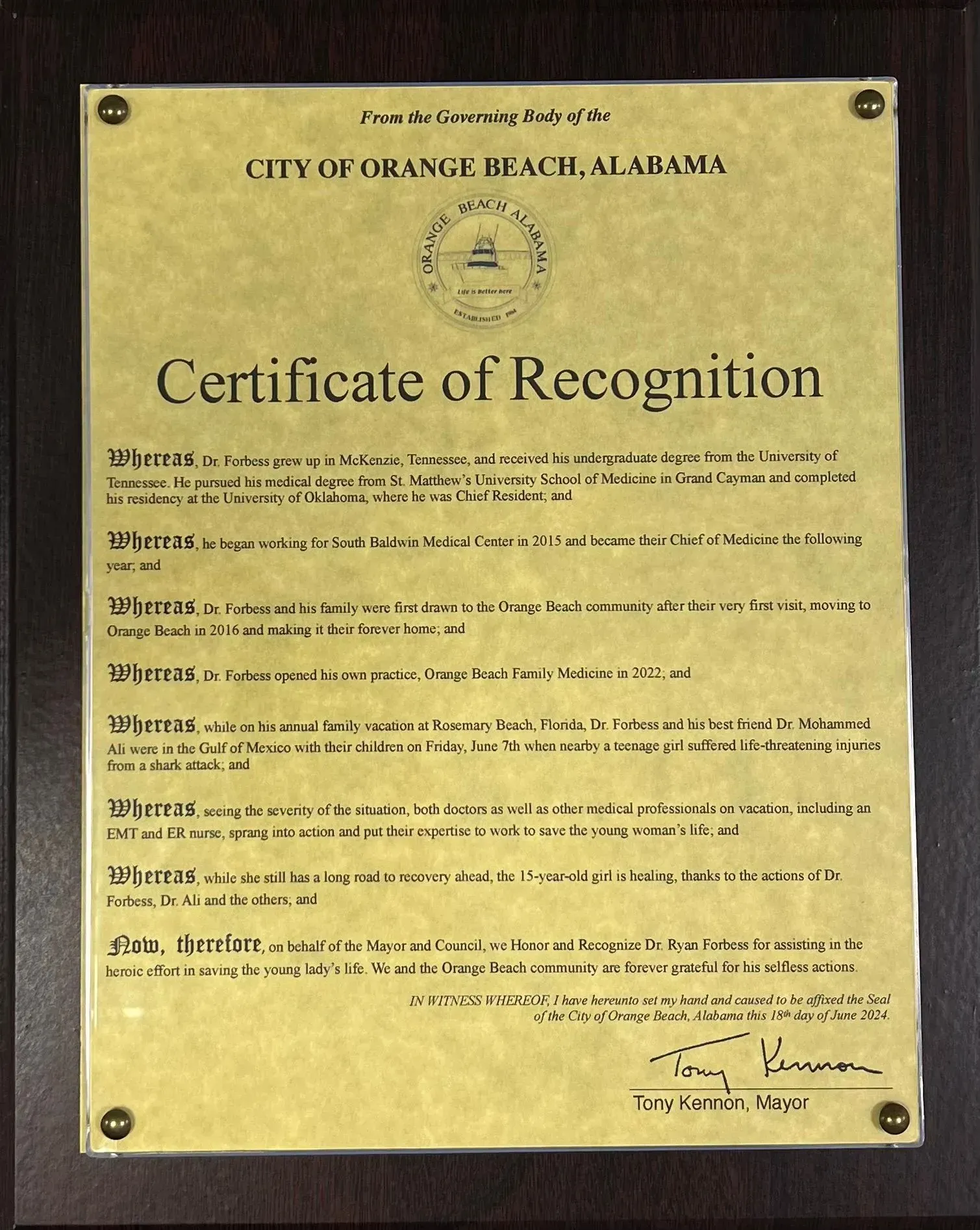 Dr. Forbess Certificate of Recognition