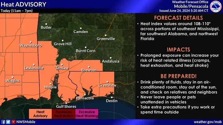 Heat Advisory for Orange Beach Area on June 24th.