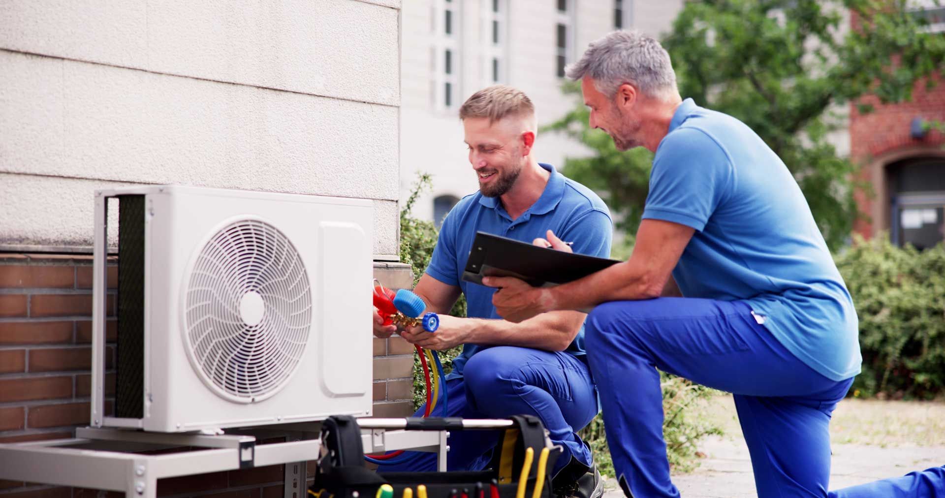 Two technicians in blue examining an AC unit outside a building; one kneels, the other holds a clipboard.