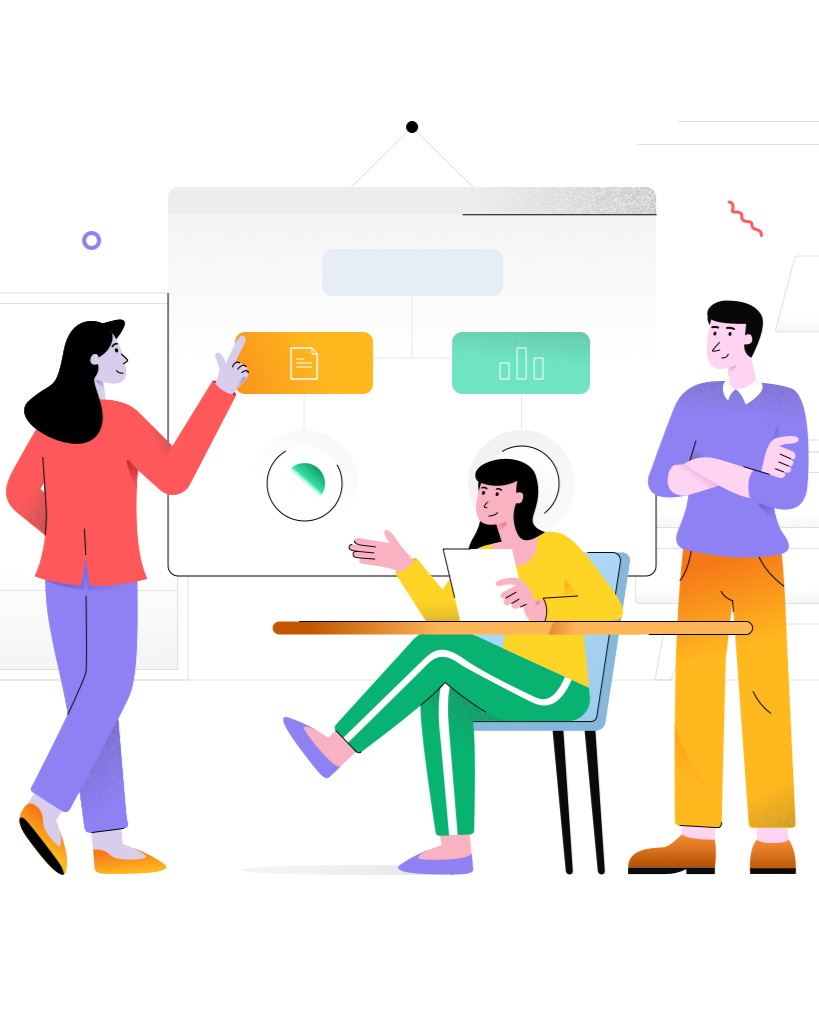 A group of people are standing around a table and a woman is sitting at a table representing a design session.