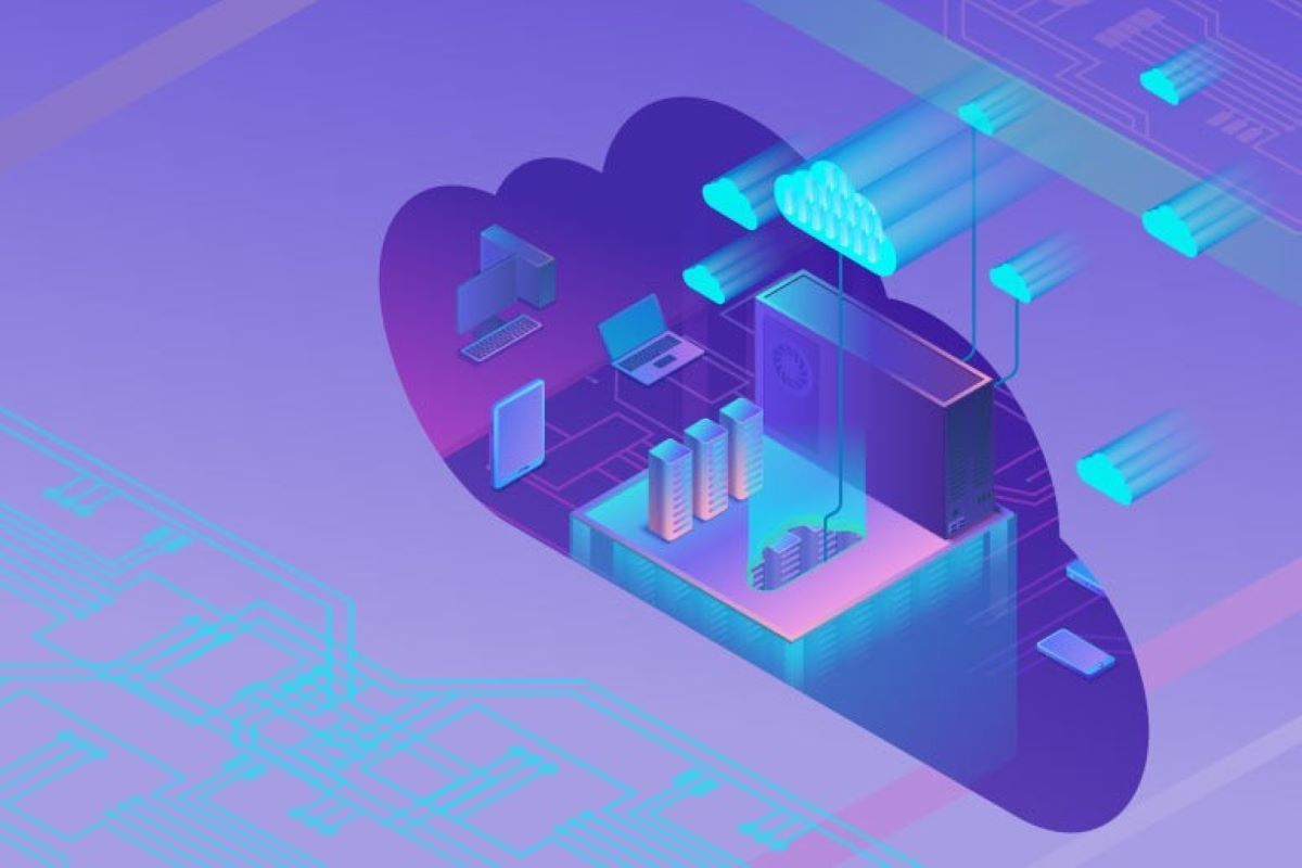 An isometric illustration of a cloud computing system.
