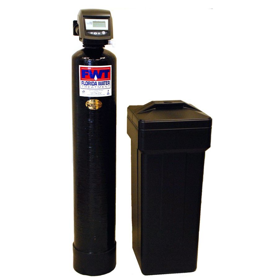 A black water softener with the word pwt on it