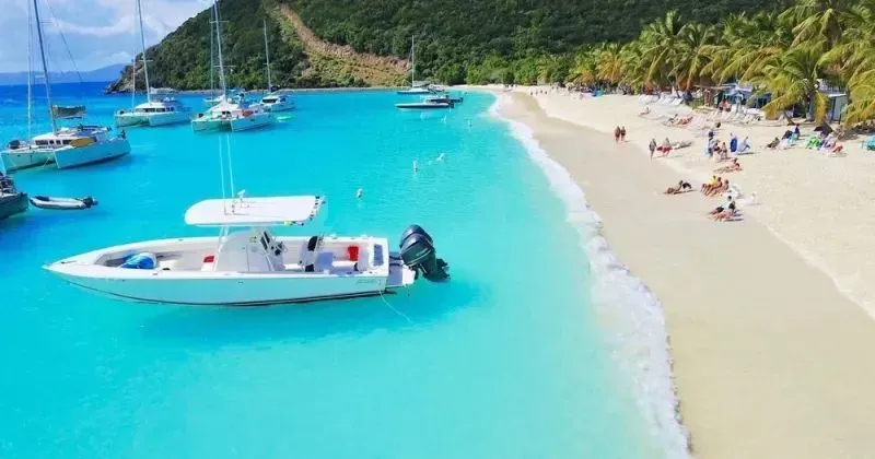 A boat is sitting on the shore of a tropical beach.