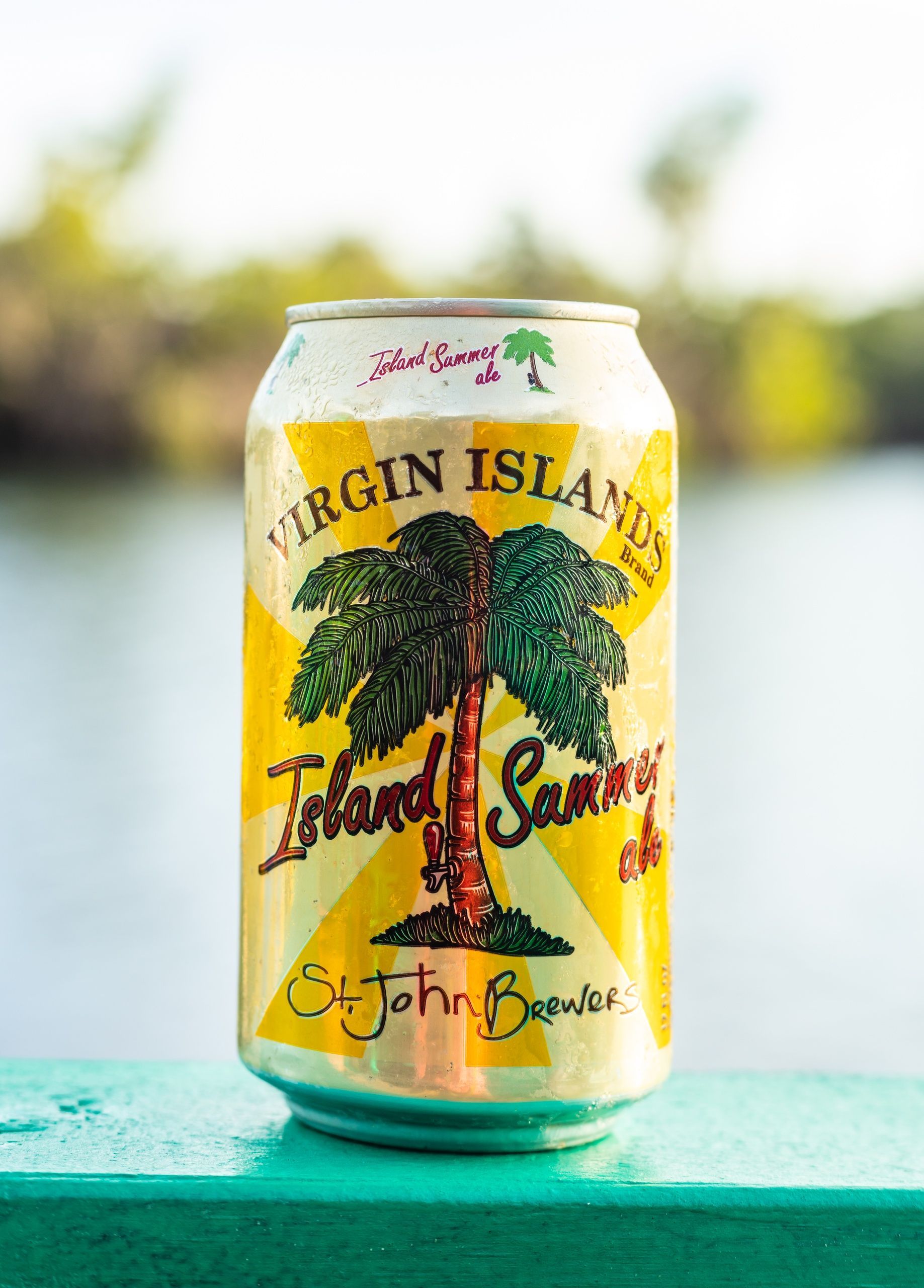 A can of virgin island beer with a palm tree on it.