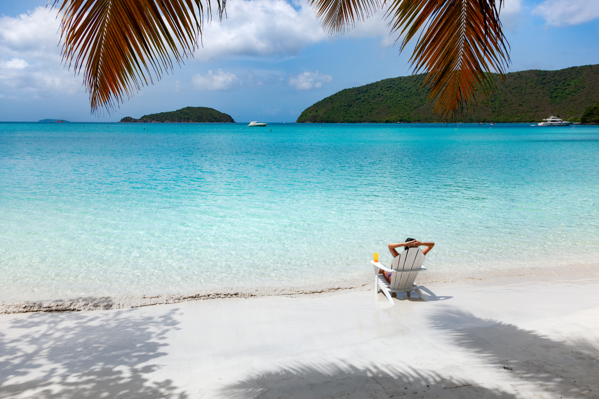 A person is sitting in a chair on a beach under a palm tree.
