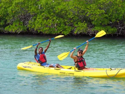 Two people are paddling a yellow kayak in the water.