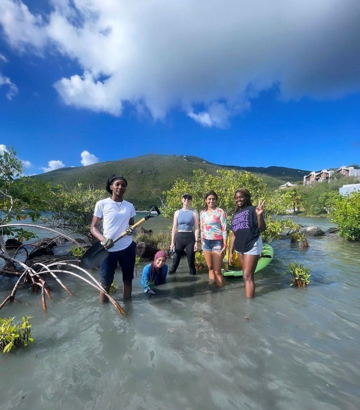 A group of people are standing in the water.