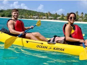A man and a woman are paddling a yellow ocean kayak