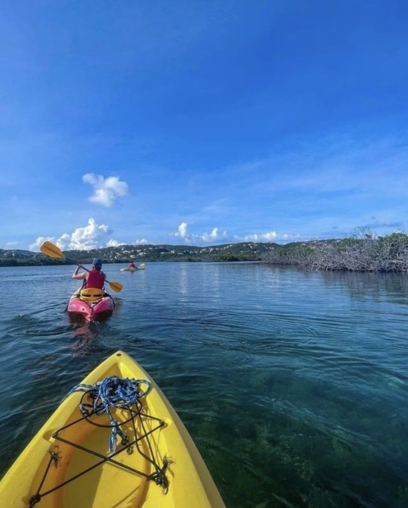 A person is paddling a yellow kayak on a lake