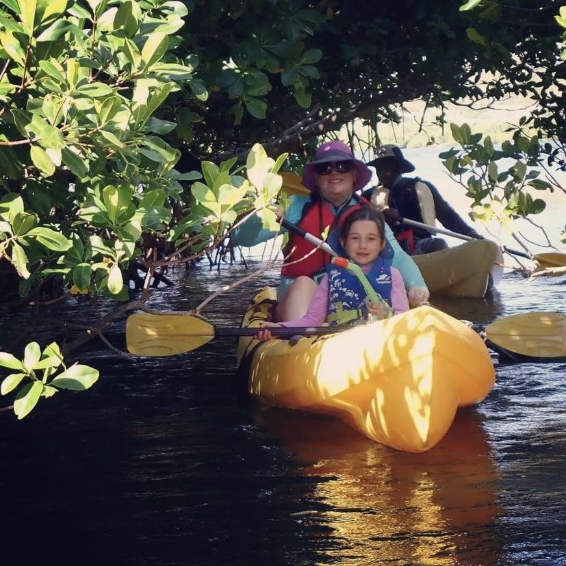 A group of people are paddling kayaks down a river