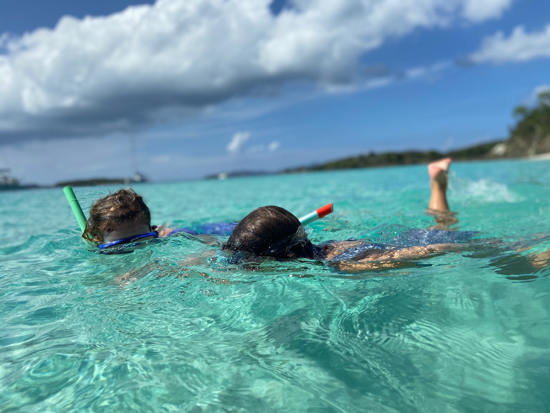 A couple of people are swimming in the ocean.