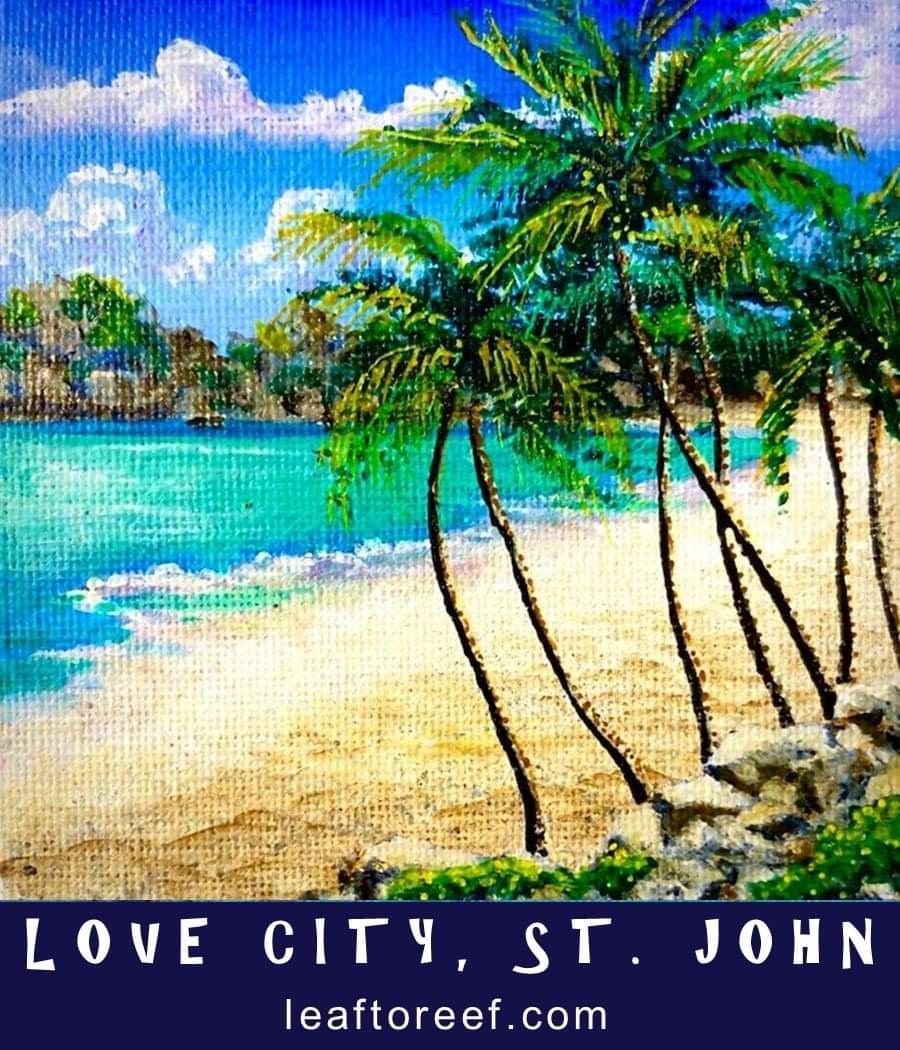 A painting of a beach with palm trees in st. john