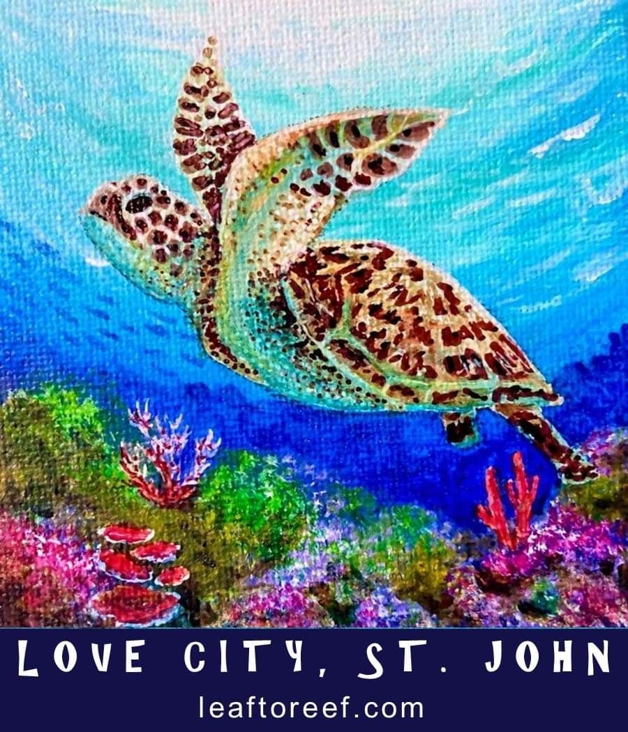 A painting of a sea turtle swimming in the ocean