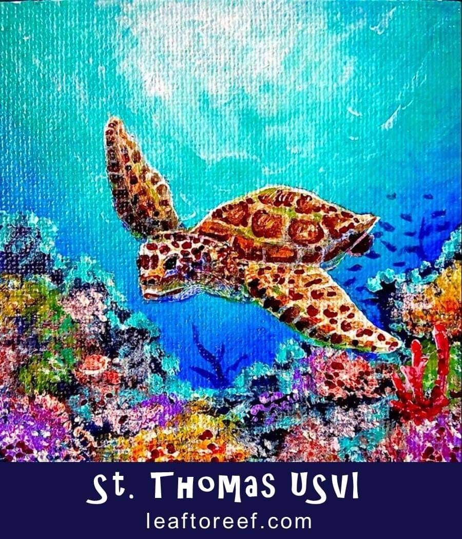 A painting of a sea turtle swimming in the ocean