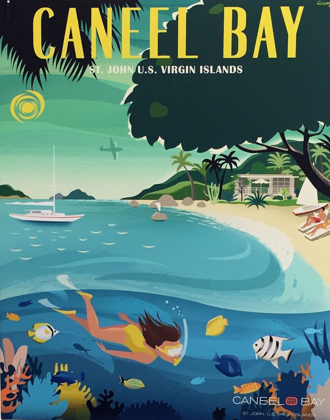 A poster for caneel bay shows a woman swimming in the ocean