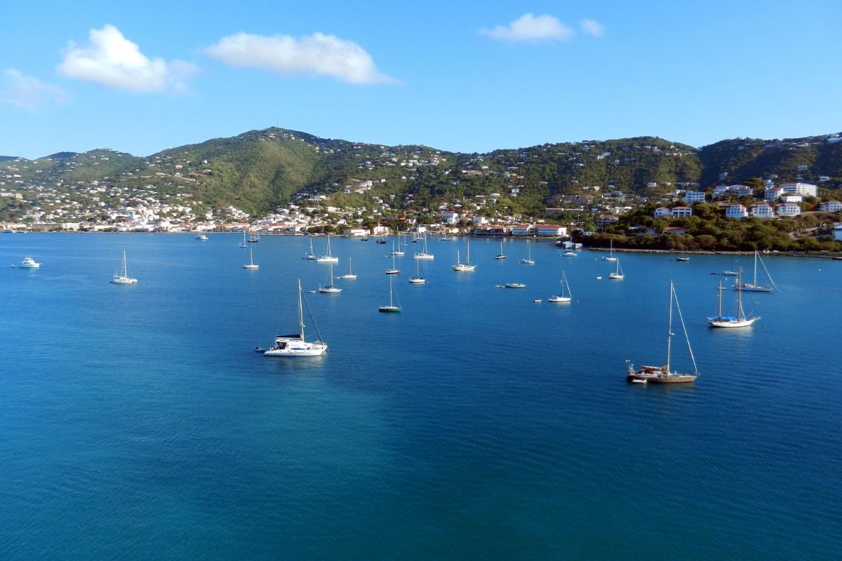 A large body of water with boats in it and mountains in the background