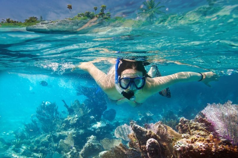 A woman is swimming in the ocean near a coral reef.