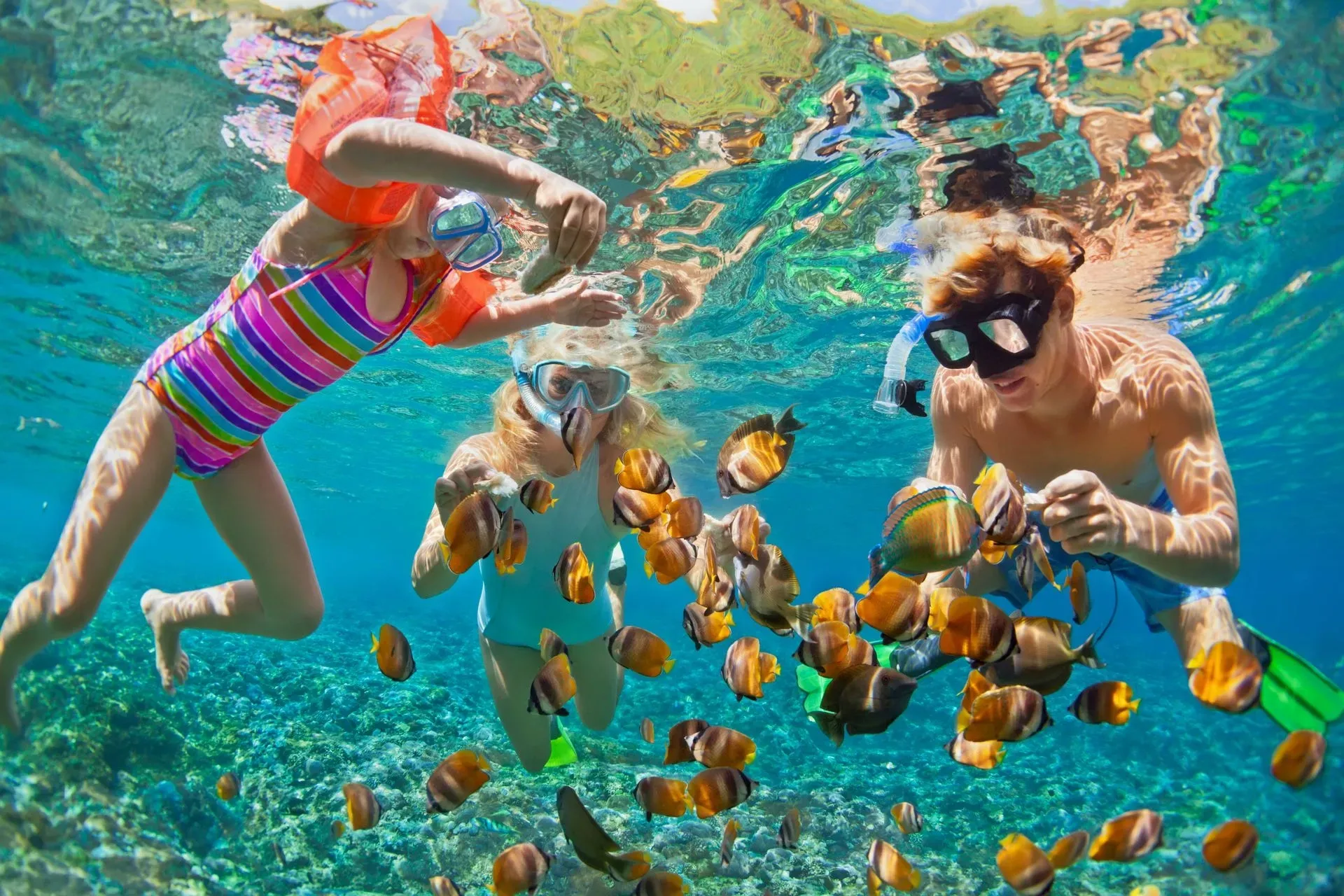 A man and two children are swimming in the ocean with fish.
