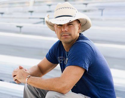 A man wearing a cowboy hat and a blue shirt is sitting on a bench.