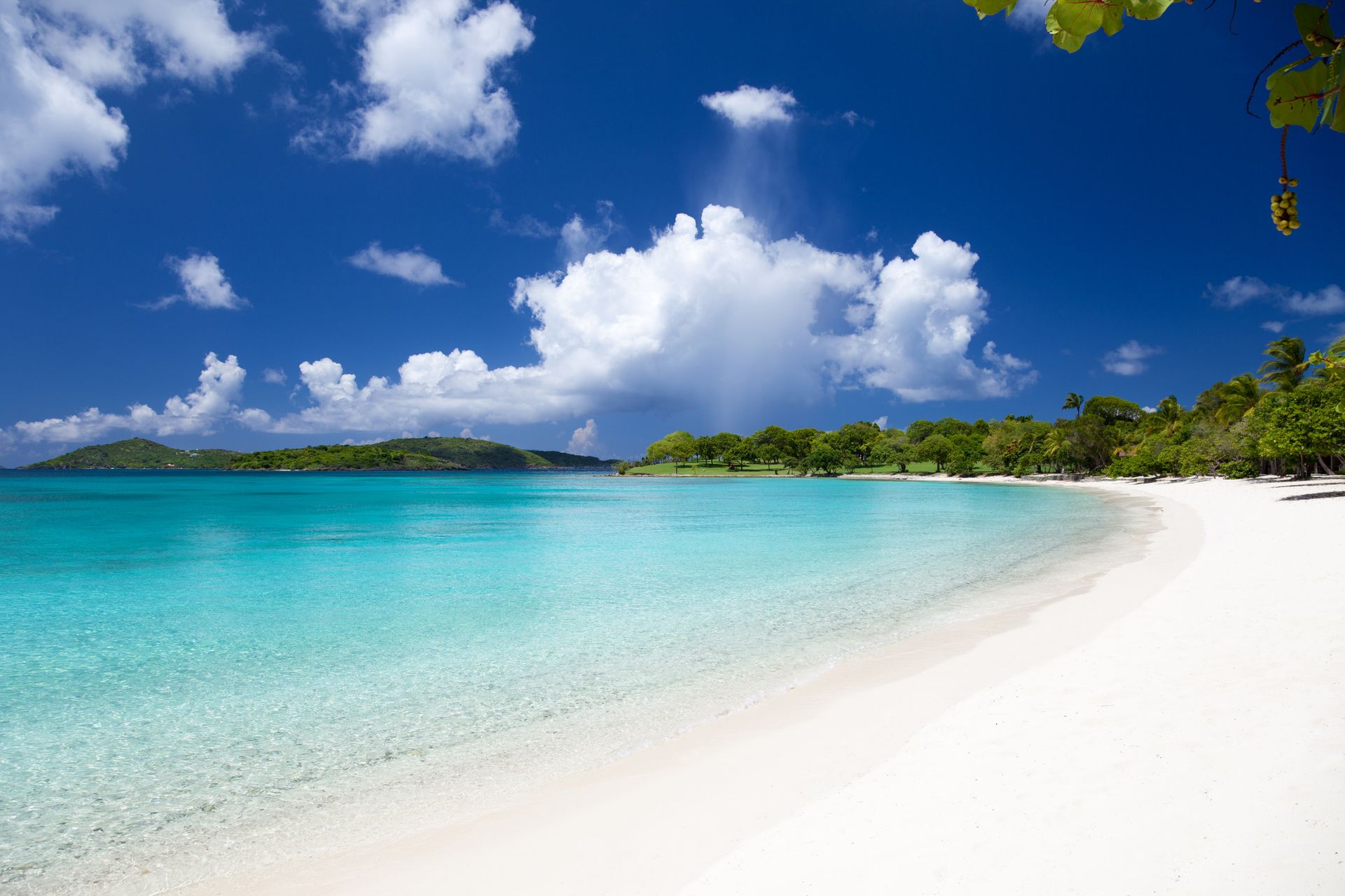 White sandy beach with turquoise water, palm trees, and a bright blue sky with clouds