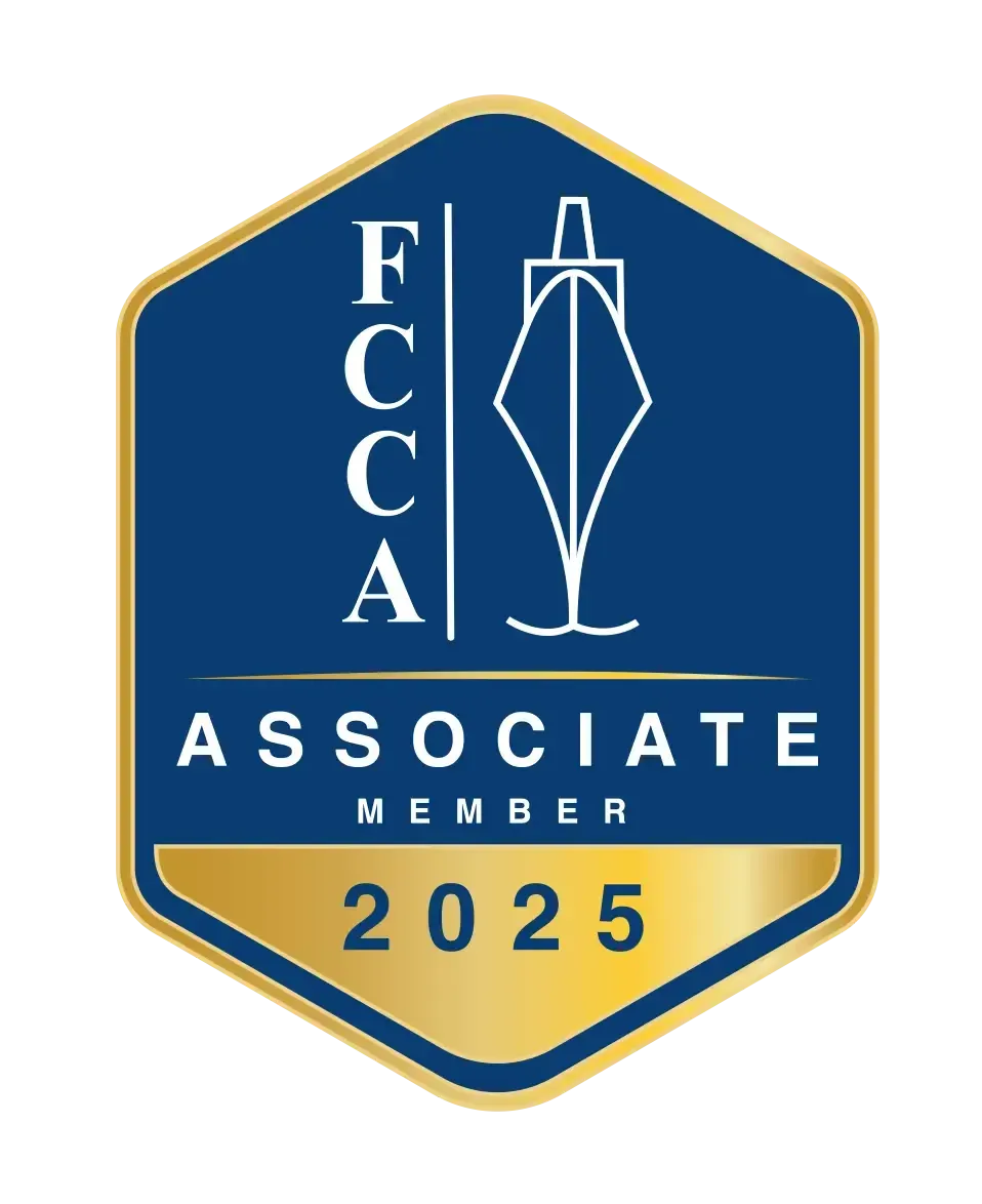 A blue and gold badge that says associate member 2025