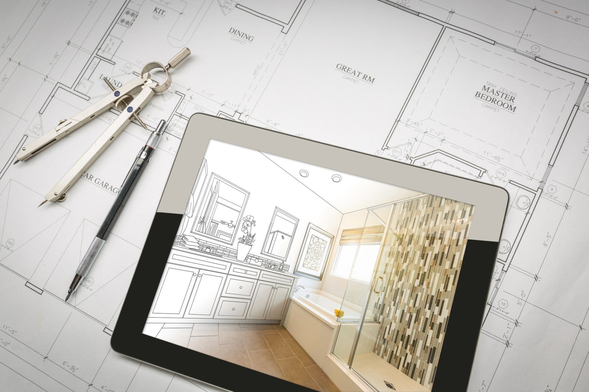 A tablet with a picture of a bathroom on it