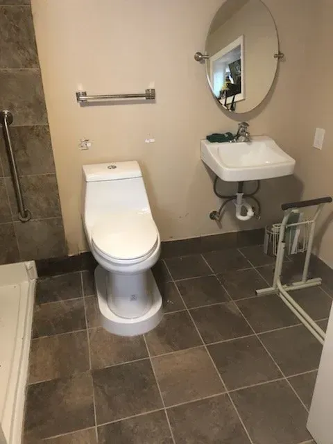A bathroom with a toilet a sink and a mirror
