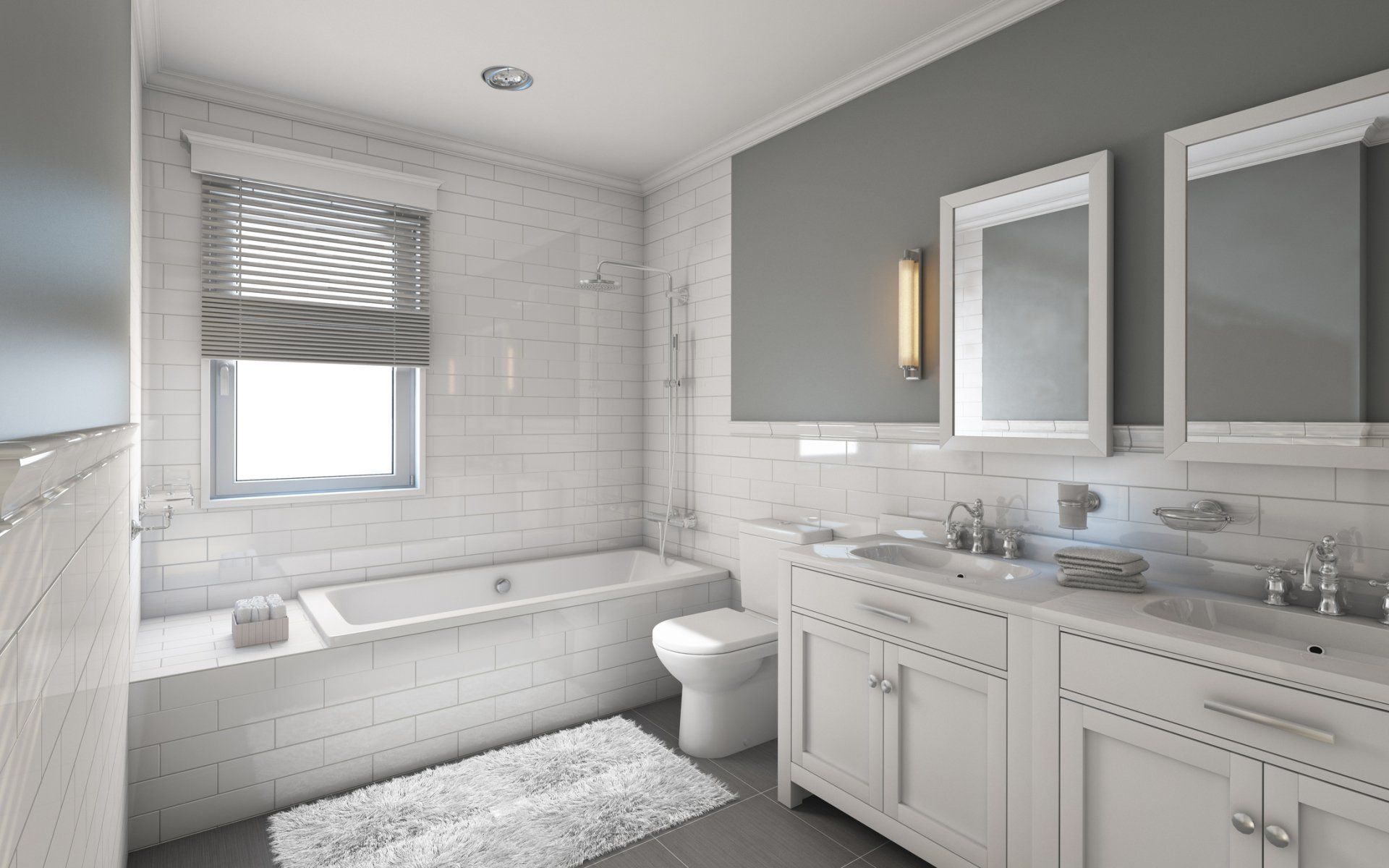A bathroom with two sinks , a toilet , and a bathtub.