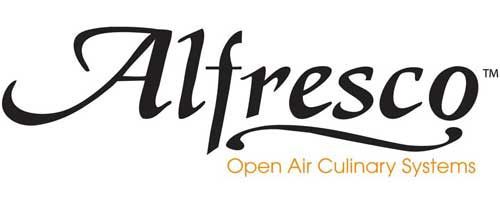 A black and white logo for alfresco open air culinary systems.