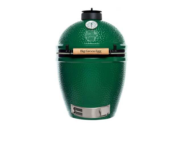 A green egg grill with a wooden handle on a white background.