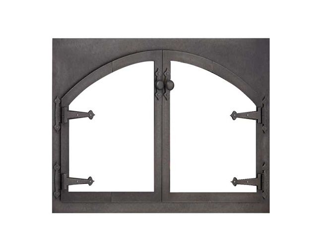 A black door with two arched windows on a white background.