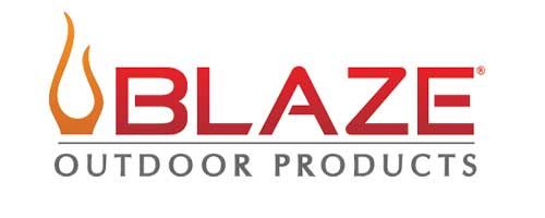 The logo for blaze outdoor products has a flame on it.