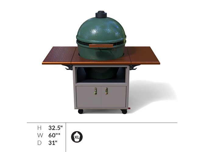 A large green grill is sitting on top of a wooden table.