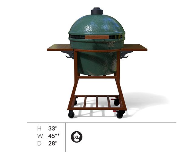 A green grill with a wooden stand and wheels