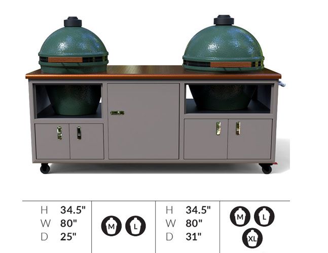 A gray cabinet with two green pots on top of it