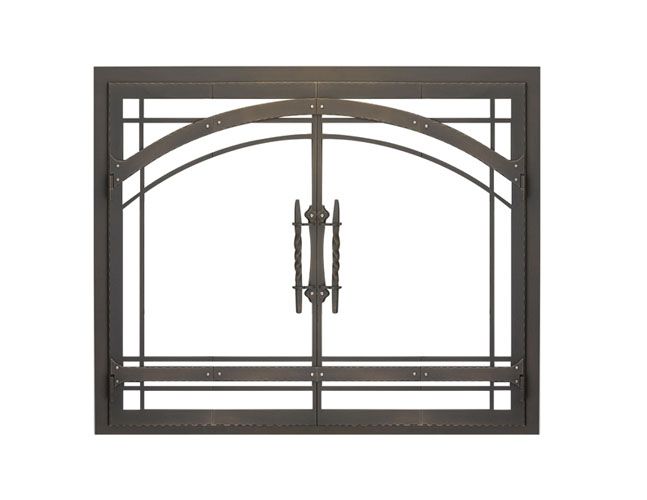 A wrought iron fireplace door with two handles on a white background.