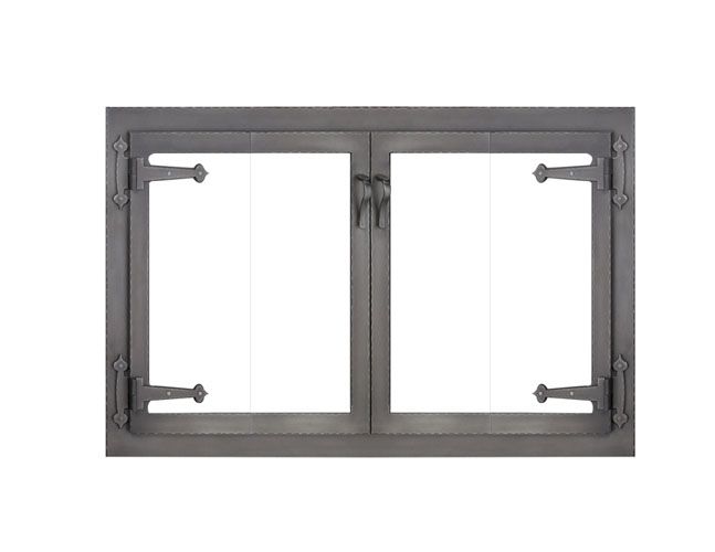 A picture of a window with two doors on a white background.