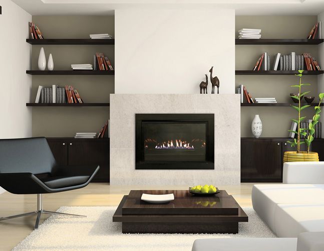 A living room with a fireplace and a coffee table