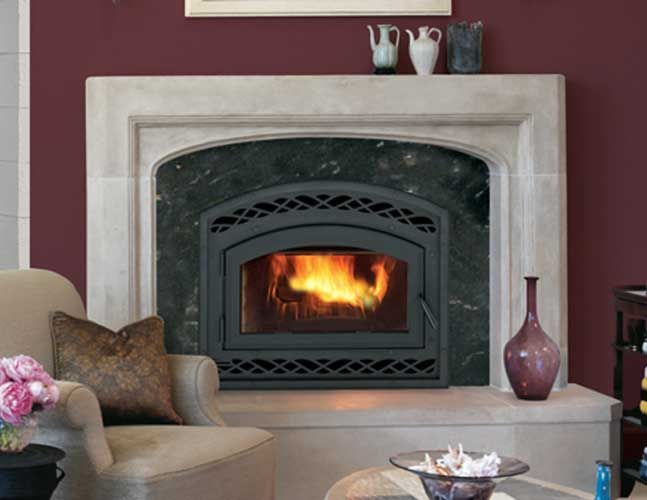 A living room with a fireplace and a chair