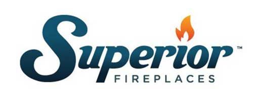 A logo for superior fireplaces with a fire coming out of it.
