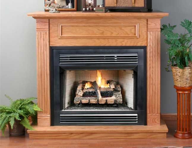 A fireplace with a wooden mantle and a plant in front of it.