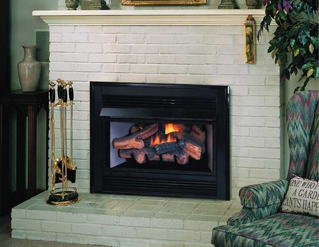 A living room with a fireplace and a chair