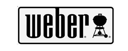 The weber logo is black and white and has a grill on it.