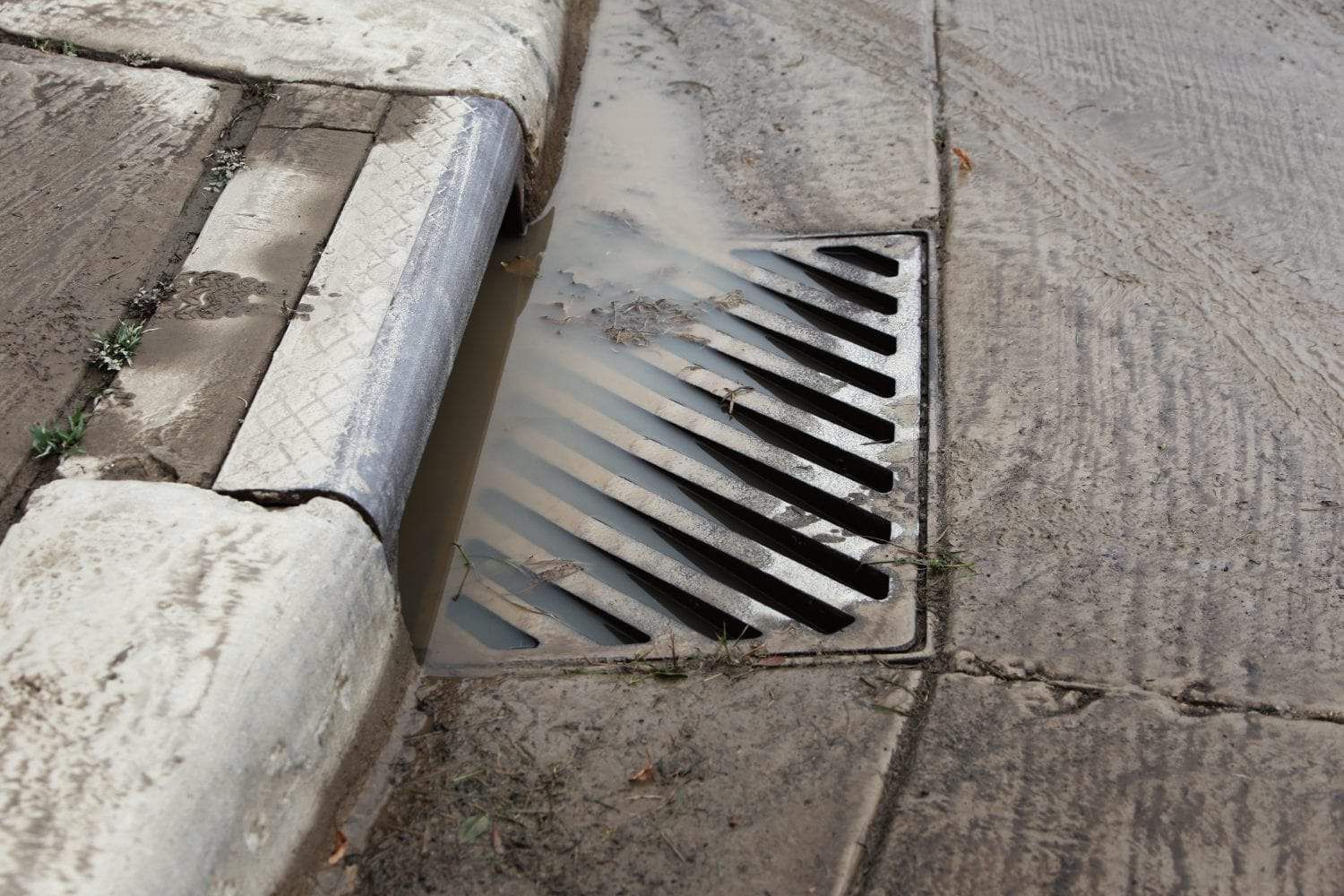 A metal storm drain grate on a concrete street curb with muddy water pooled around it.