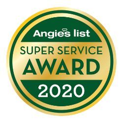 A green and gold circular badge for the 2020 Angie’s List Super Service Award.